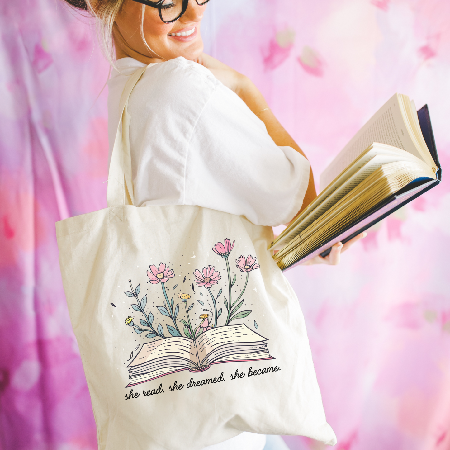 Bookish Floral Tote Bag