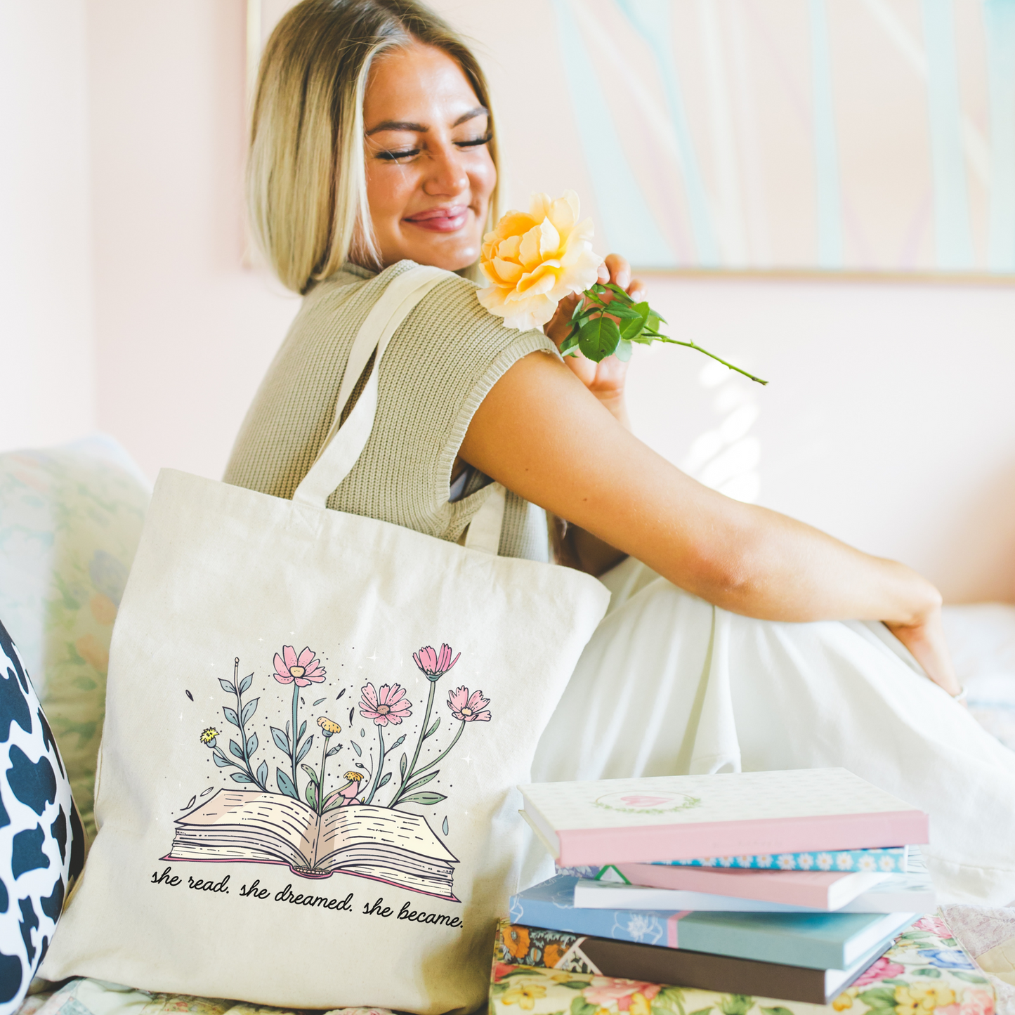 Bookish Floral Tote Bag